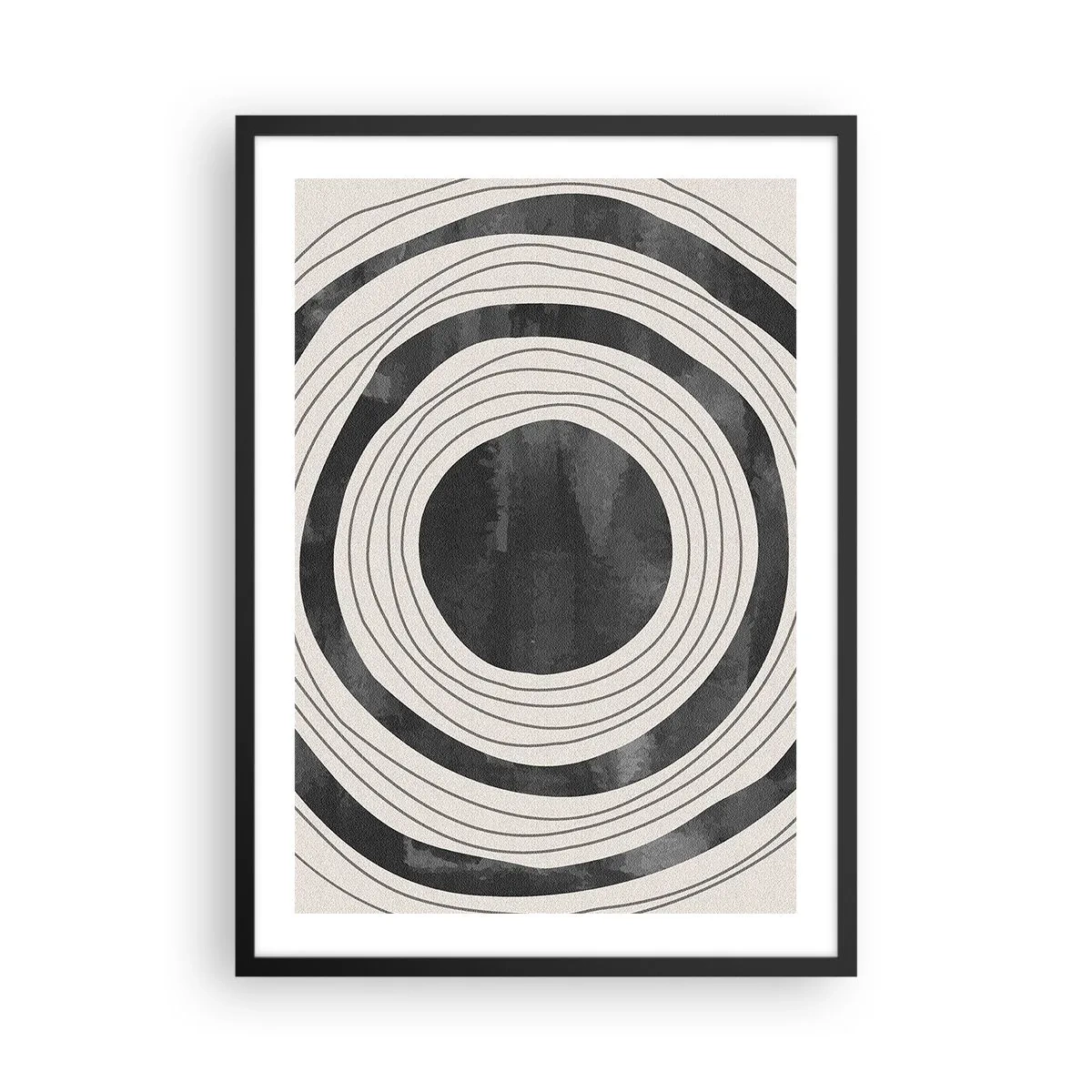 Plakat i sort ramme - Abstrakte koncentriske cirkler i sort og hvid - 50x70cm - Lige til det punkt - Moderne vægdekoration til stue og soveværelse ARTTOR