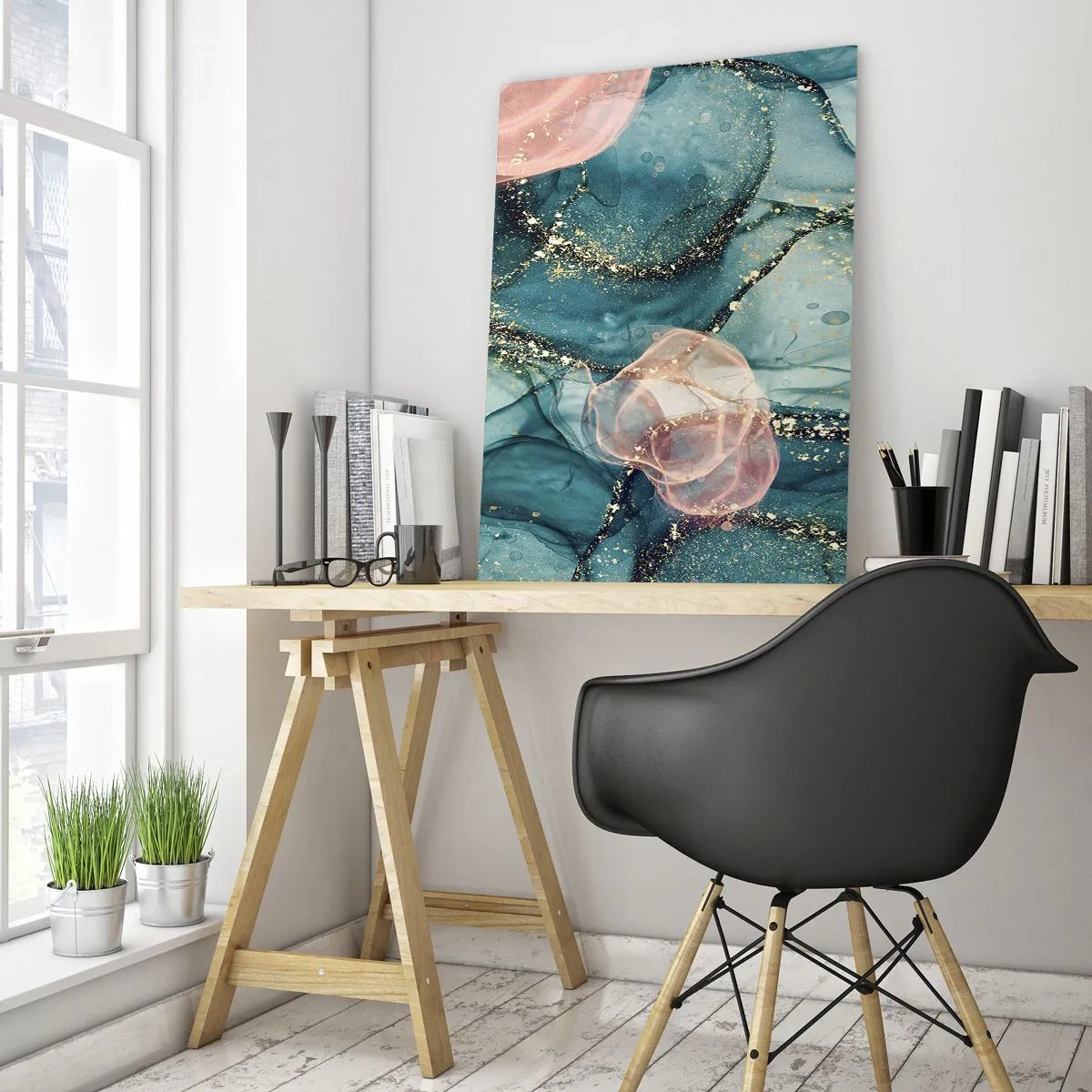 Billede på glas - Silkeblå, tyl lyserød - 80x120 cm