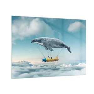 Billede på glas - En hval løfter et fly over skyerne i surrealistiske omgivelser. - 70x50cm - Hvorfor ikke? - Moderne vægdekoration til stue og soveværelse ARTTOR