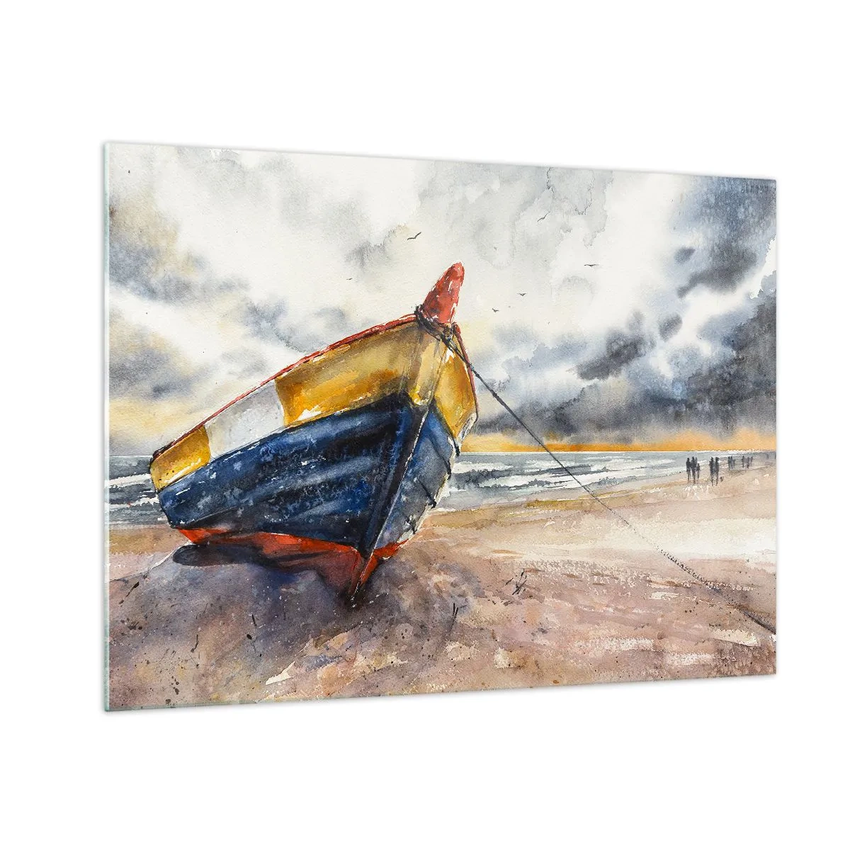 Billede på glas - En farverig båd på stranden på en overskyet dag - 70x50cm - Hvile på stranden - Moderne vægdekoration til stue og soveværelse ARTTOR