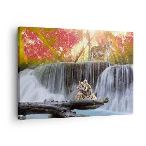 Lærredstryk - Billede på lærred - Tigre ved et vandfald i efterårsskoven - 70x50cm - Surrealistisk landskab - Moderne vægdekoration til stue og soveværelse ARTTOR