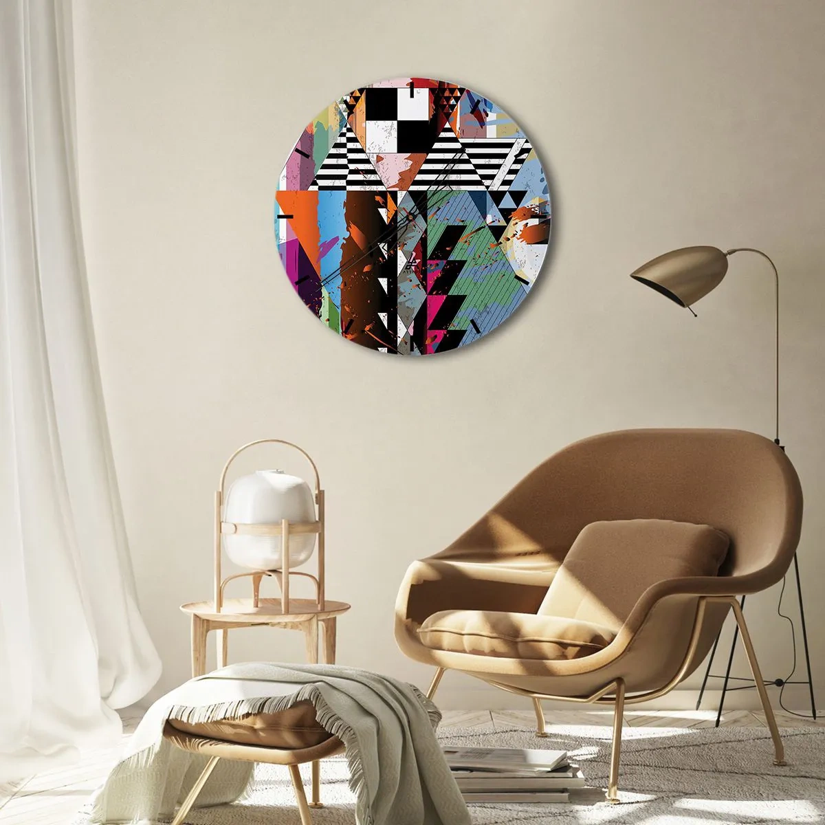 Vægur, Uret - Farverigt geometrisk mønster med kontrasterende former - 30x30cm - Geometrisk og organisk - Moderne vægdekoration til stue, køkken og soveværelse ARTTOR