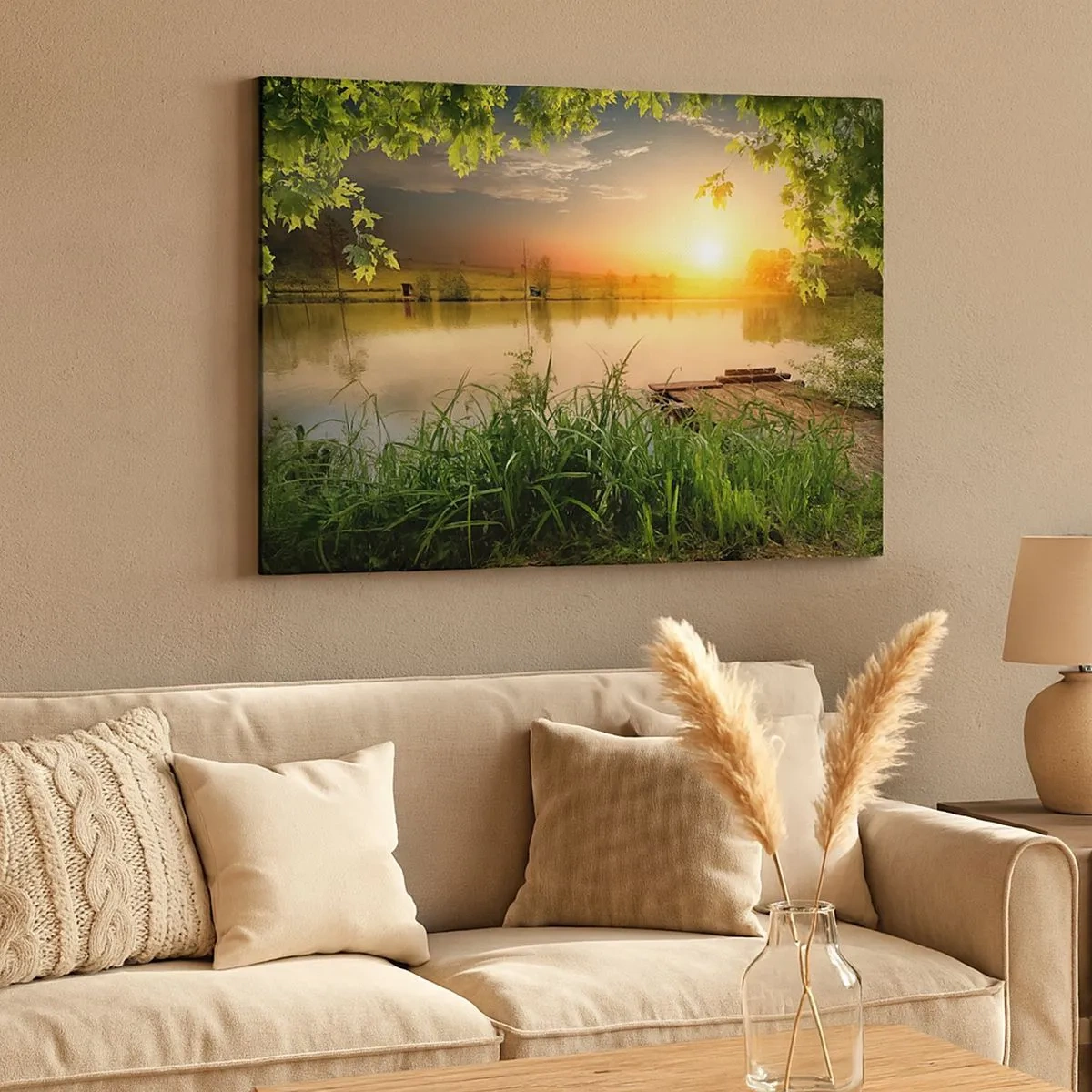 Lærredstryk - Billede på lærred - Grønt landskab med en sø ved solnedgang - 70x50cm - Landskab i en grøn ramme - Moderne vægdekoration til stue og soveværelse ARTTOR