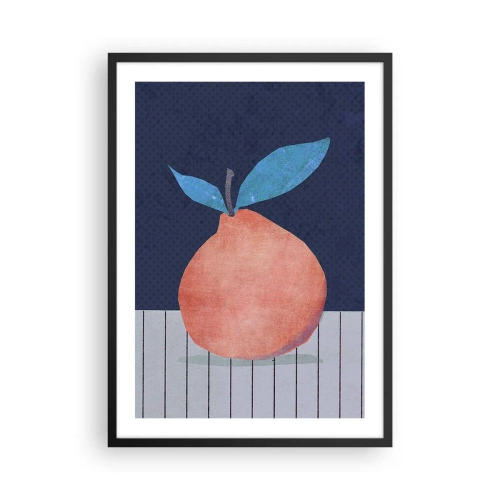 Plakat i sort ramme - En minimalistisk illustration af en appelsin på en marineblå baggrund - 50x70cm - Konveksitet og plan - Moderne vægdekoration til stue og soveværelse ARTTOR