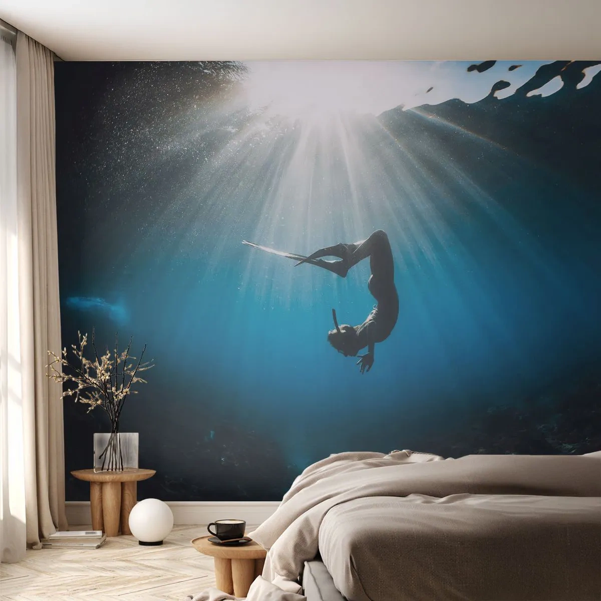 Fototapet Premium Sand - Undervandsdans - Undervandshule, Solens stråler, Dykning - 350x256 cm
