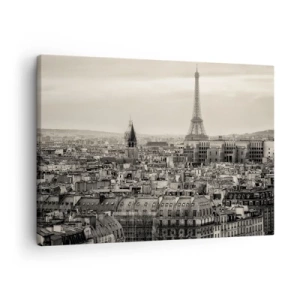 Lærredstryk - Billede på lærred - Panorama over Paris med Eiffeltårnet i sepia-toner - 70x50cm - Over Paris' hustage - Moderne vægdekoration til stue og soveværelse ARTTOR