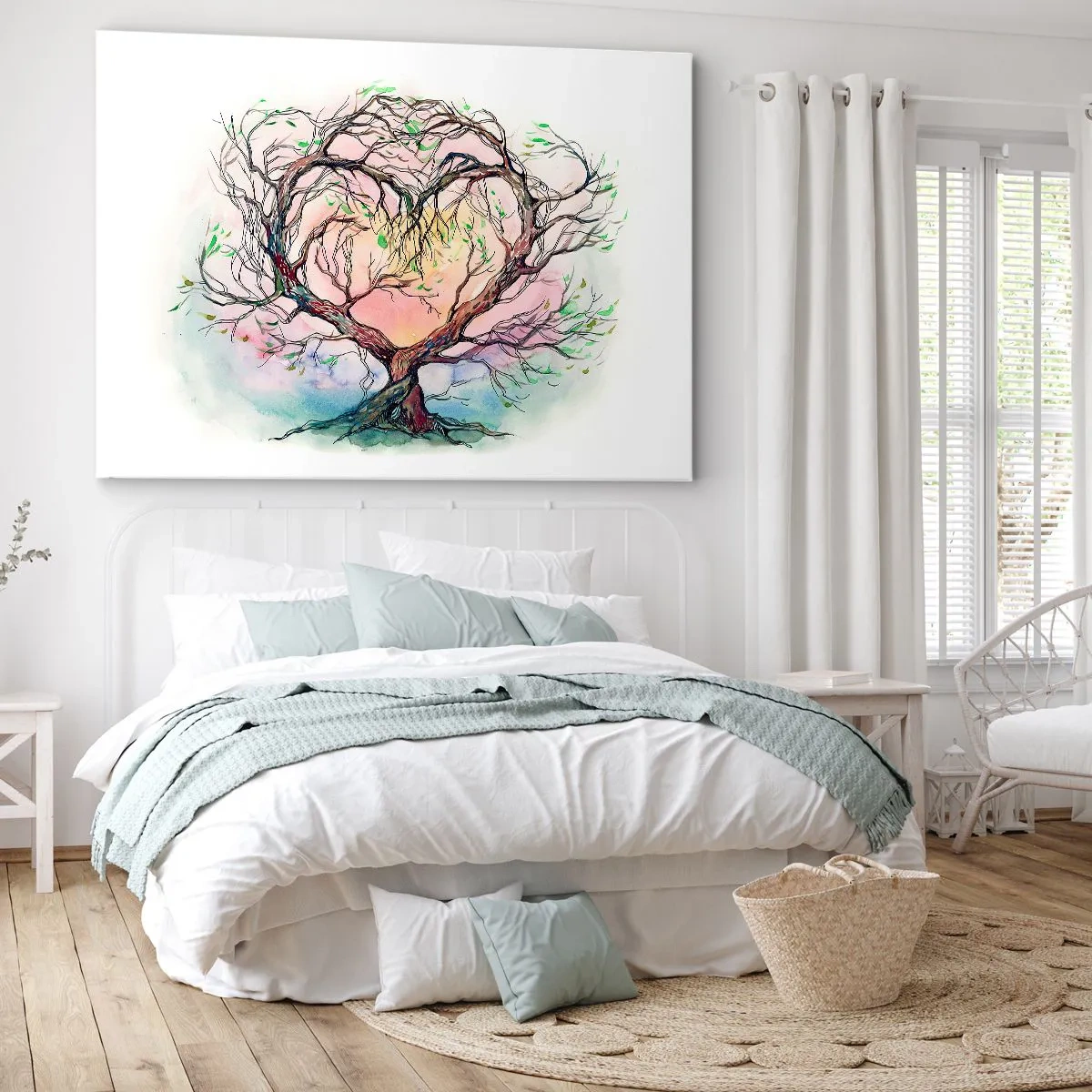 Lærredstryk - Billede på lærred - Et hjerteformet træ mod en baggrund af sarte pastelfarver - 70x50cm - Sammen mod stormene - Moderne vægdekoration til stue og soveværelse ARTTOR