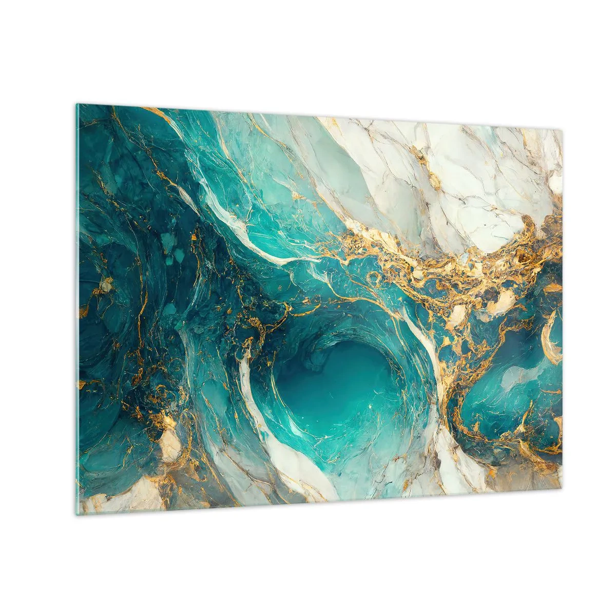 Billede på glas - Abstrakt komposition med turkis og guldårer - 70x50cm - Komposition med årer af guld - Moderne vægdekoration til stue og soveværelse ARTTOR