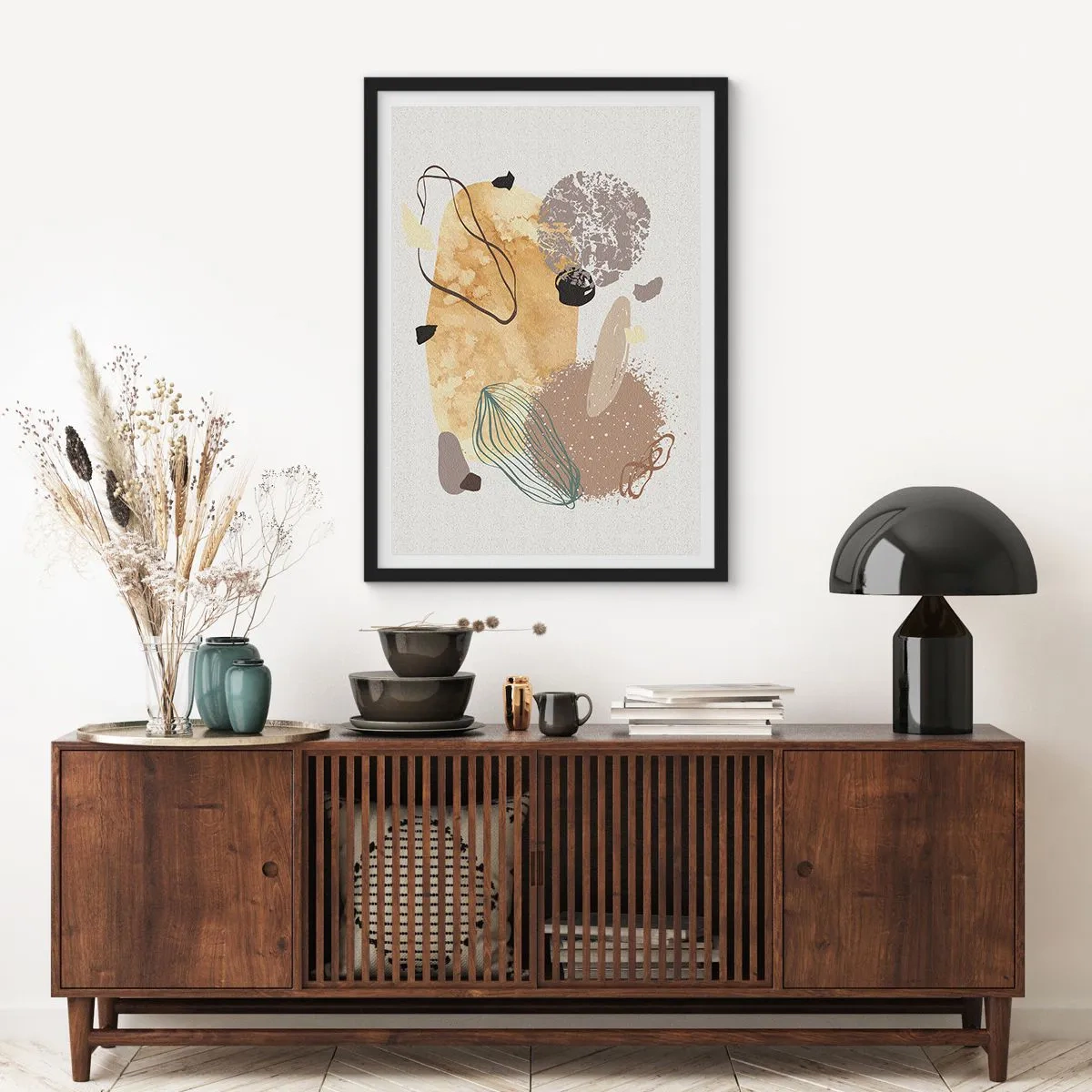 Plakat i sort ramme - Abstrakt komposition i naturlige nuancer - 50x70cm - Anvendt plumkologi - Moderne vægdekoration til stue og soveværelse ARTTOR