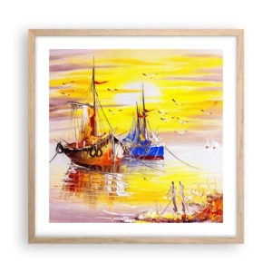 Plakat i ramme af lyst egetræ - Et velfortjent hvil i havnen - 50x50 cm