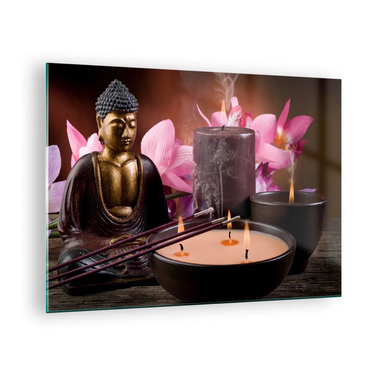 Billede på glas - Afslapningskomposition med Buddha, stearinlys og blomster - 70x50cm - Rydde sindet, berolige kroppen - Moderne vægdekoration til stue og soveværelse ARTTOR