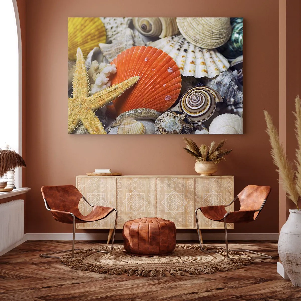 Lærredstryk - Billede på lærred - Skaller og søstjerner i en marin sammensætning - 70x50cm - Havets skatte - Moderne vægdekoration til stue og soveværelse ARTTOR