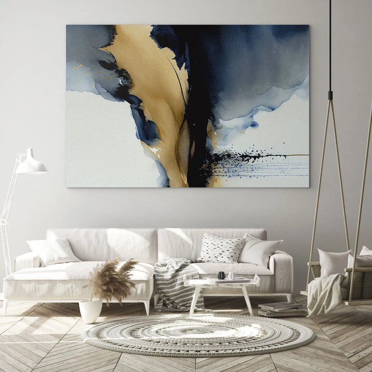Billede på glas - En abstrakt komposition i nuancer af marineblå og beige - 70x50cm - Bag sløret - Moderne vægdekoration til stue og soveværelse ARTTOR