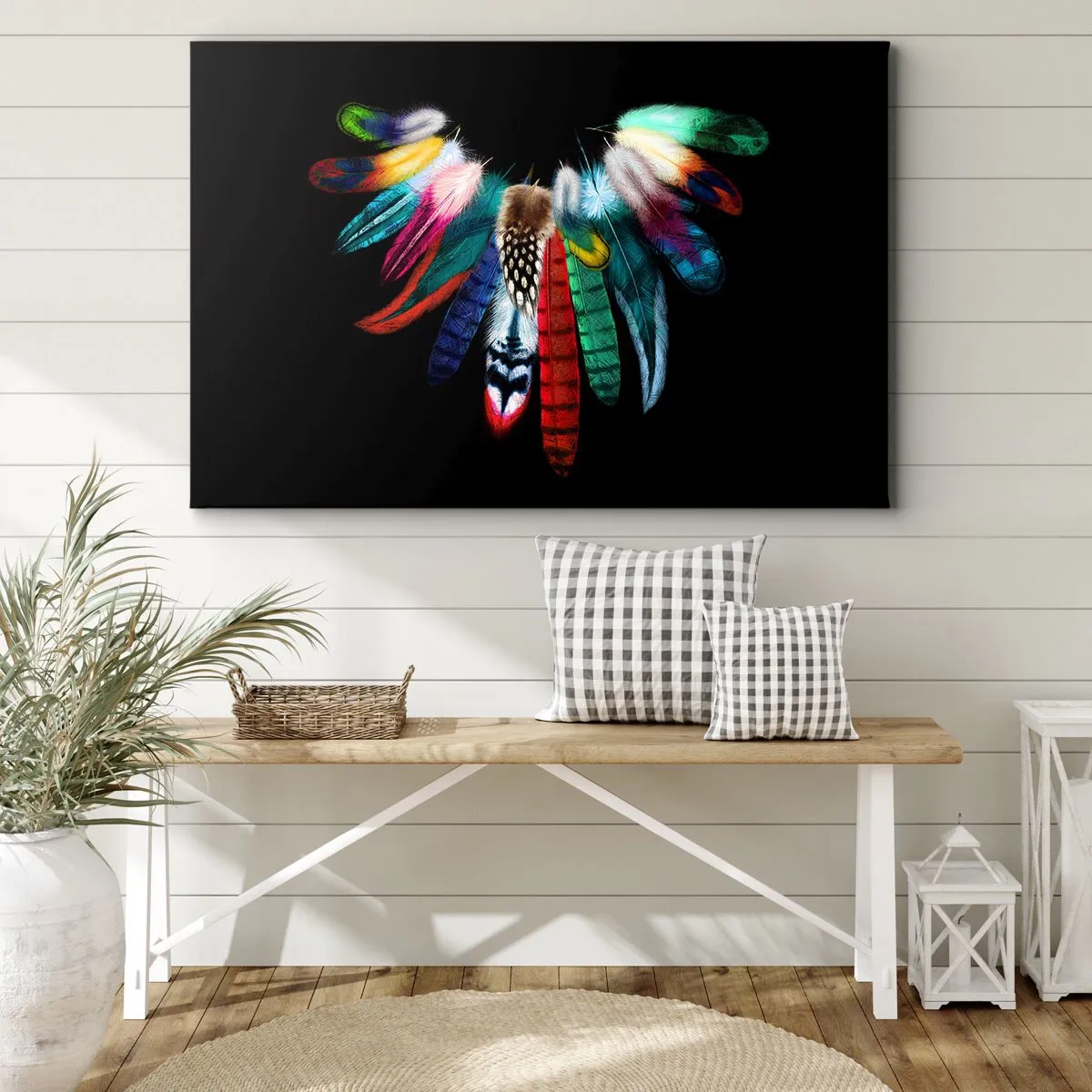 Lærredstryk - Billede på lærred - Farverige fjer på en sort baggrund i en kunstnerisk komposition - 70x50cm - Indisk halskæde - Moderne vægdekoration til stue og soveværelse ARTTOR
