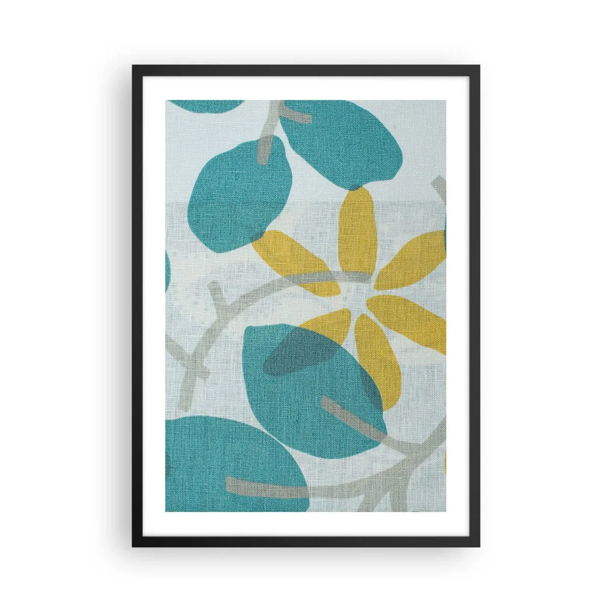 Plakat i sort ramme - Moderne botanisk grafik i blå og gule nuancer - 50x70cm - Blandt azurblå blade - Moderne vægdekoration til stue og soveværelse ARTTOR