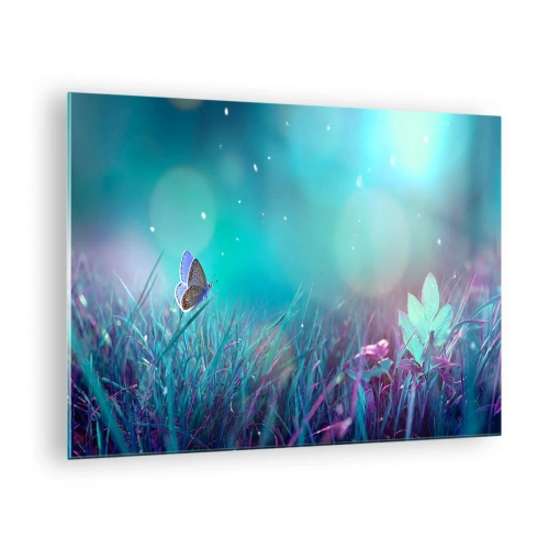 Billede på glas - Sommerfugl på græsset i pastellys - 70x50cm - En engs hemmelige liv - Moderne vægdekoration til stue og soveværelse ARTTOR
