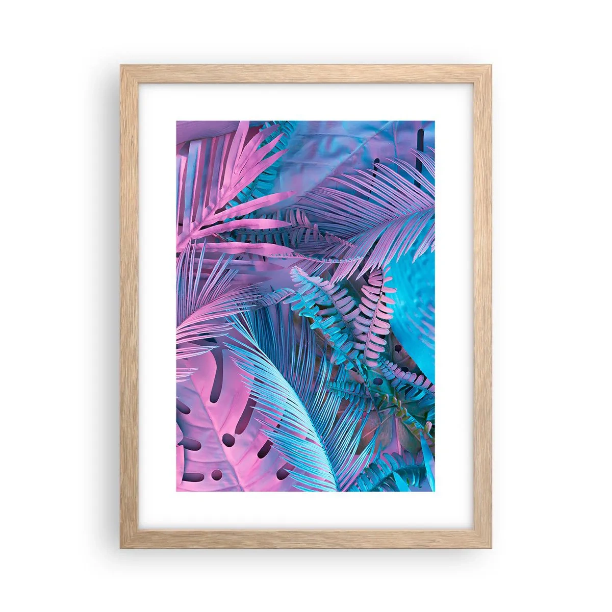 Plakat i ramme af lyst egetræ - Troperne i lyserød og blå - 30x40 cm