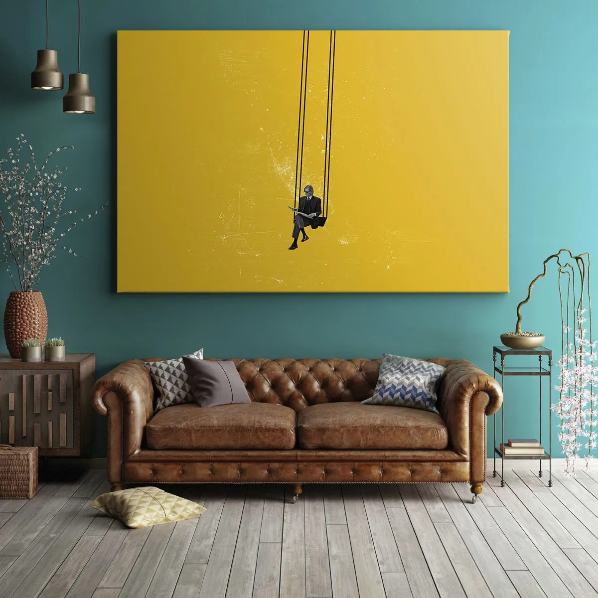 Lærredstryk - Billede på lærred - En person på en gynge mod en baggrund af intens gul - 70x50cm - En dag som alle andre - Moderne vægdekoration til stue og soveværelse ARTTOR