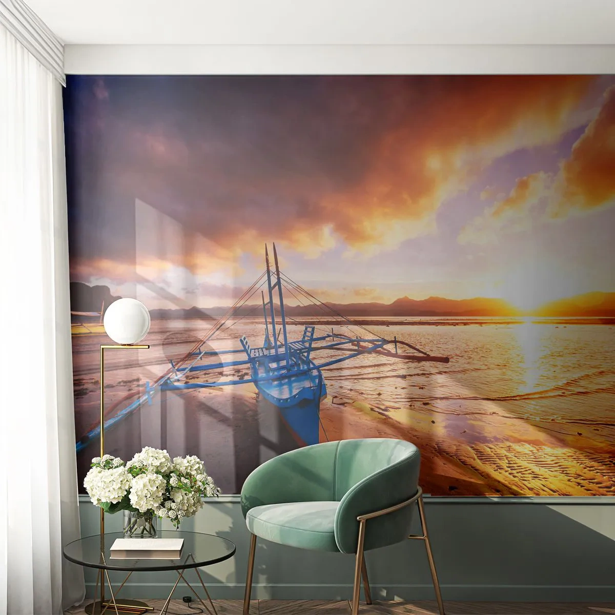 Fototapet Premium Sand - Efter en lang dag kan du strække dig ud på sandet - Landskab, Hav, Fiskebåd - 100x70 cm