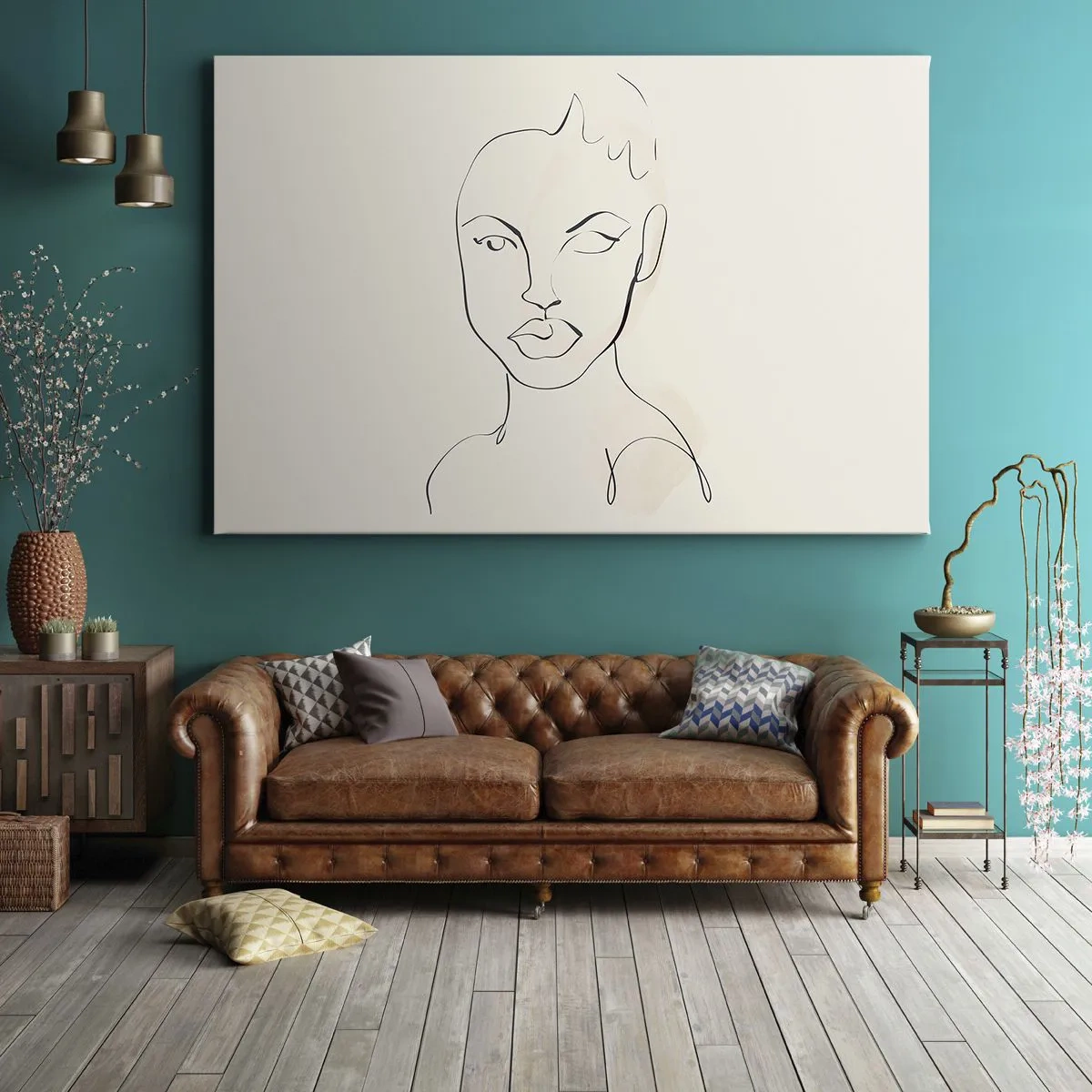 Lærredstryk - Billede på lærred - Minimalistisk skitse af en kvindes ansigt - 70x50cm - Omrids af sensualitet - Moderne vægdekoration til stue og soveværelse ARTTOR