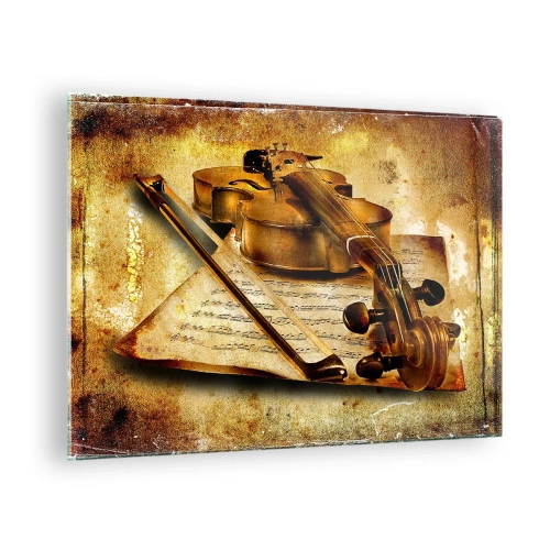 Billede på glas - Violin med noder på en vintage baggrund - 70x50cm - Virtuos søges omgående - Moderne vægdekoration til stue og soveværelse ARTTOR