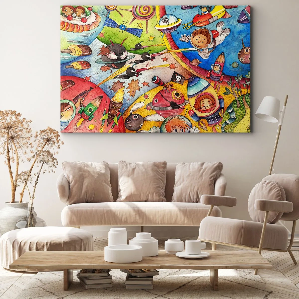 Lærredstryk - Billede på lærred - En farverig rumscene fuld af børn og rumskibe - 70x50cm - Et storslået rumeventyr - Moderne vægdekoration til stue og soveværelse ARTTOR