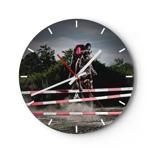 Vægur, Uret - En hest, der springer, under en ridekonkurrence - 30x30cm - Sammen om sejren - Moderne vægdekoration til stue, køkken og soveværelse ARTTOR