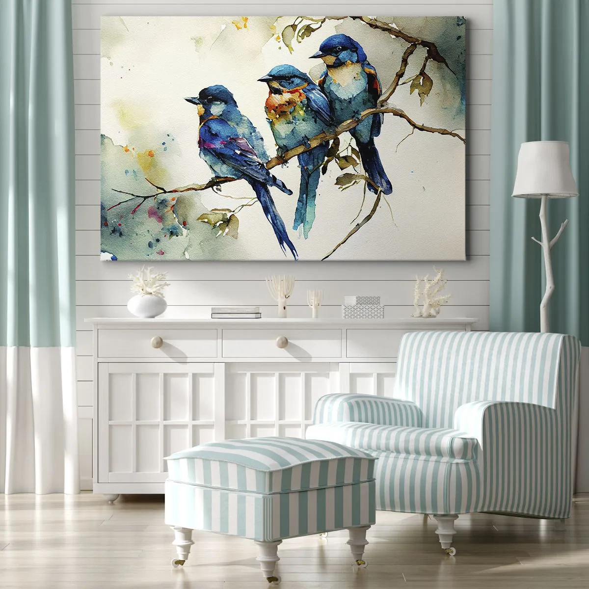 Lærredstryk - Billede på lærred - Tre farverige fugle på en gren i akvarelstil - 70x50cm - Er han fornærmet? - Moderne vægdekoration til stue og soveværelse ARTTOR