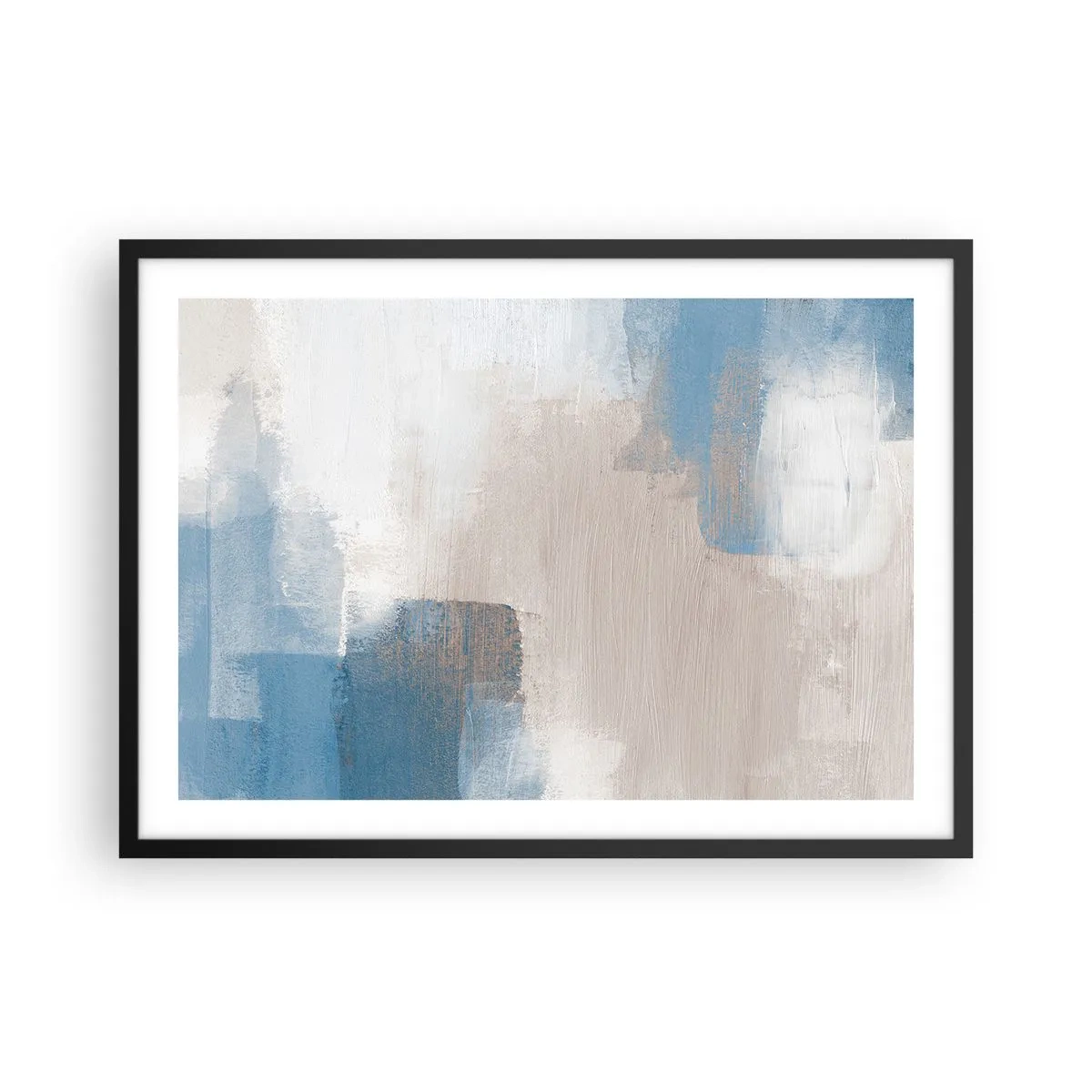 Plakat i sort ramme - Lyserød abstraktion bag et slør af blåt - 70x50 cm