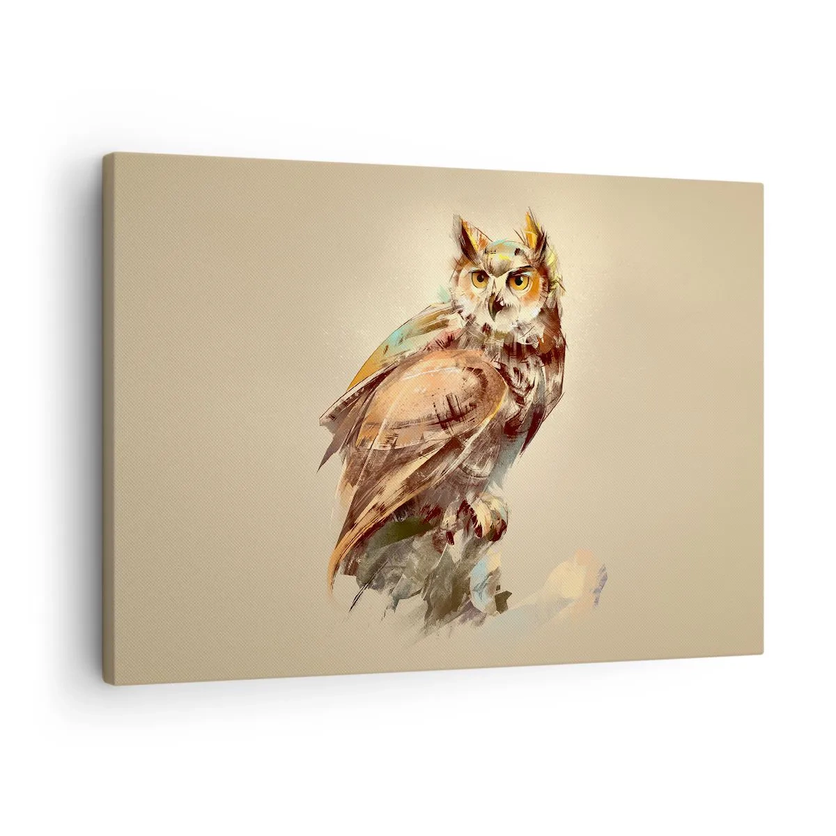 Lærredstryk - Billede på lærred - Kunstnerisk portræt af en ugle mod en lys baggrund i varme nuancer. - 70x50cm - Den klogeste ugle - bekræfter egetræet - Moderne vægdekoration til stue og soveværelse ARTTOR