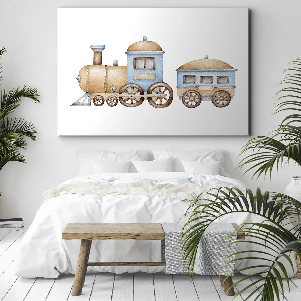 Lærredstryk - Billede på lærred - Tegning af et tog i pastelfarver på en hvid baggrund - 70x50cm - Stående på stationen... - Moderne vægdekoration til stue og soveværelse ARTTOR