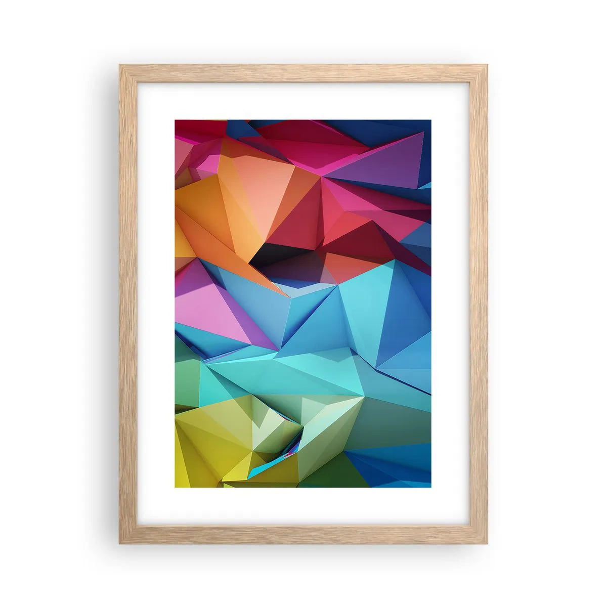 Plakat i ramme af lyst egetræ - Regnbue origami - 30x40 cm