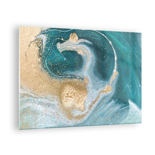 Billede på glas - Guld på turkise bølger i abstrakt stil - 70x50cm - En hvirvel af guld og turkis - Moderne vægdekoration til stue og soveværelse ARTTOR