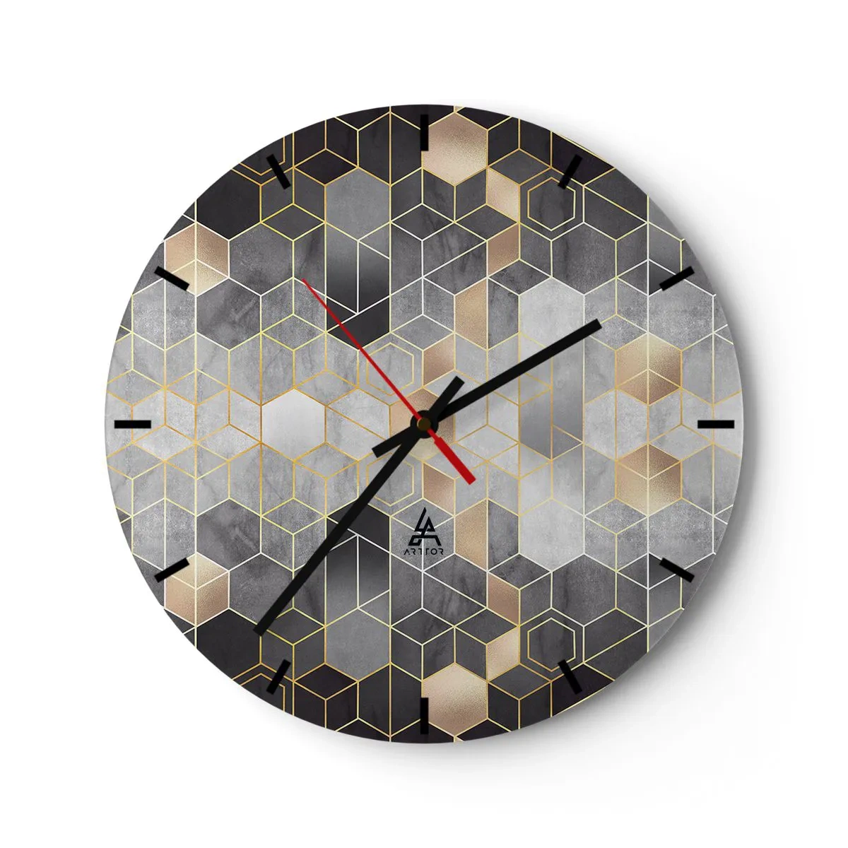 Vægur, Uret - Geometrisk mosaik i nuancer af grå og guld - 30x30cm - Sammensætning af diamanter - Moderne vægdekoration til stue, køkken og soveværelse ARTTOR