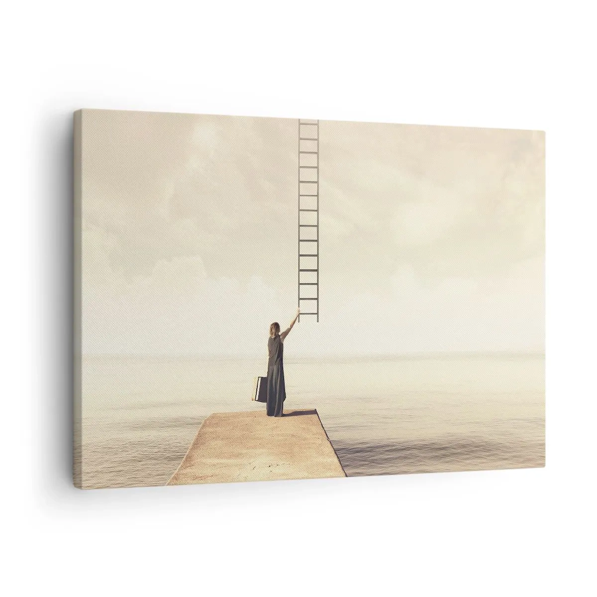 Lærredstryk - Billede på lærred - En kvinde stående på en mole med en stige, der fører op til himlen - 70x50cm - En magisk rejse - Moderne vægdekoration til stue og soveværelse ARTTOR