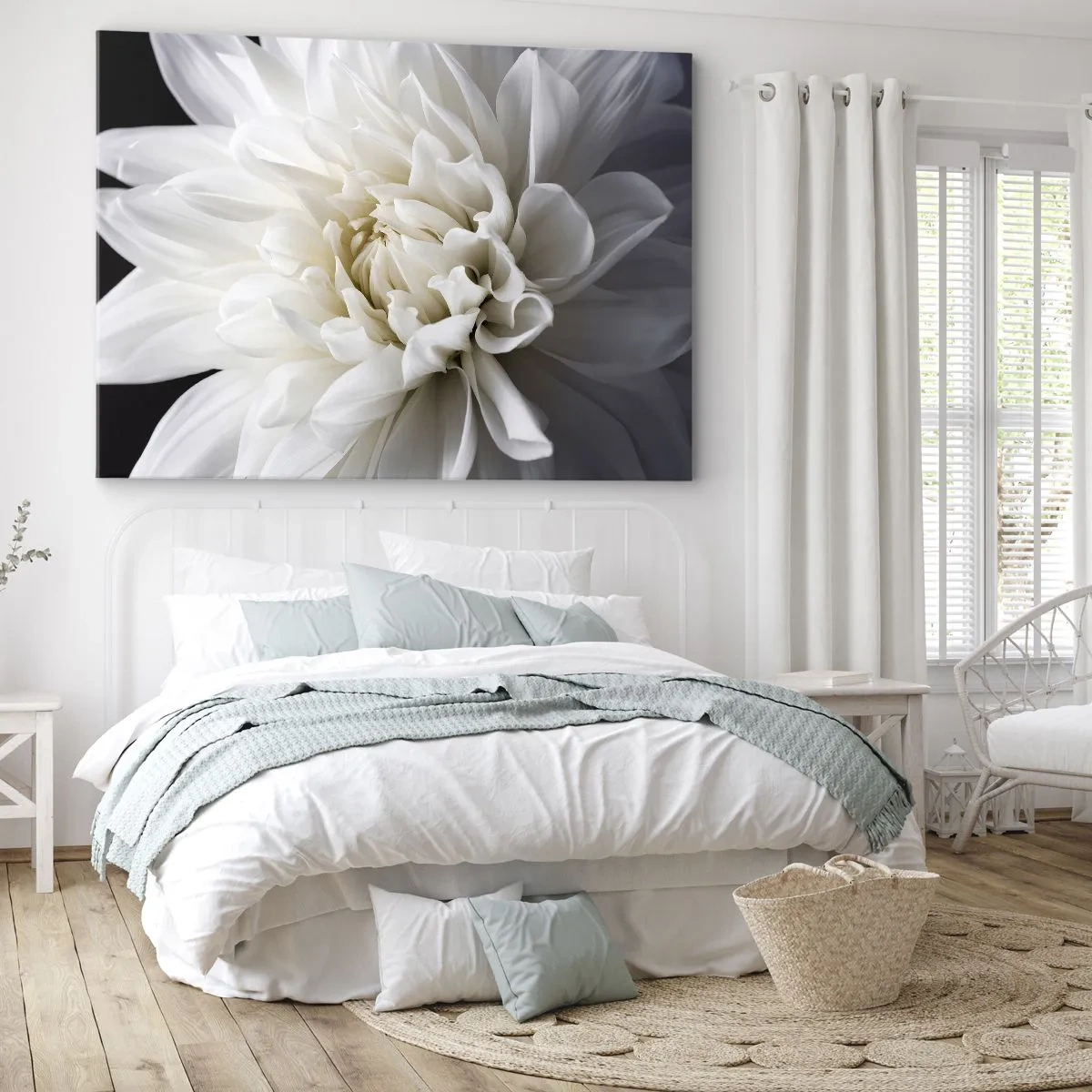 Lærredstryk - Billede på lærred - En delikat hvid blomst på en sort baggrund i en elegant komposition - 70x50cm - Morgenbrud - Moderne vægdekoration til stue og soveværelse ARTTOR