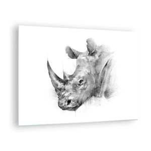 Billede på glas - Sort-hvidt portræt af et næsehorn i en kunstnerisk tilgang - 70x50cm - Afrikansk portræt - Moderne vægdekoration til stue og soveværelse ARTTOR