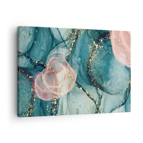 Lærredstryk - Billede på lærred - En abstrakt komposition i nuancer af turkis og guld. - 70x50cm - Silkeblå, tyl lyserød - Moderne vægdekoration til stue og soveværelse ARTTOR