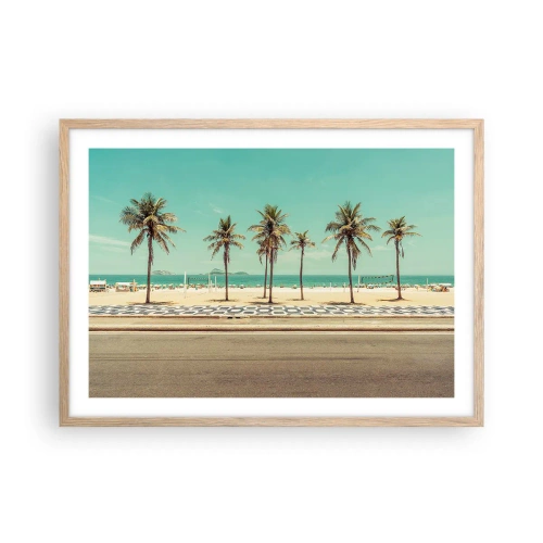 Plakat i ramme af lyst egetræ - På stranden - 70x50 cm