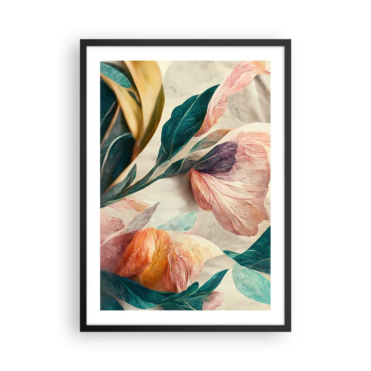 Plakat i sort ramme - Farverige blomster og blade i en kunstnerisk komposition - 50x70cm - Blomster på de sydlige øer - Moderne vægdekoration til stue og soveværelse ARTTOR