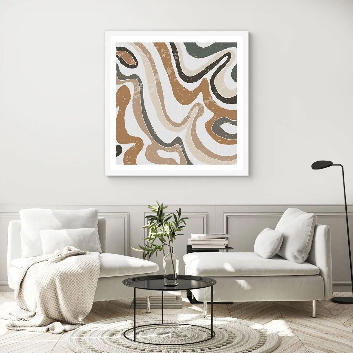 Plakat i hvid ramme - Slyngninger af jordfarver - 60x60 cm