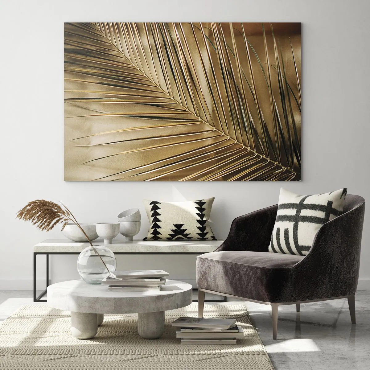 Billede på glas - Nærbillede af et palmeblad i gyldenbrune toner - 70x50cm - Naturlig kolonnade - Moderne vægdekoration til stue og soveværelse ARTTOR