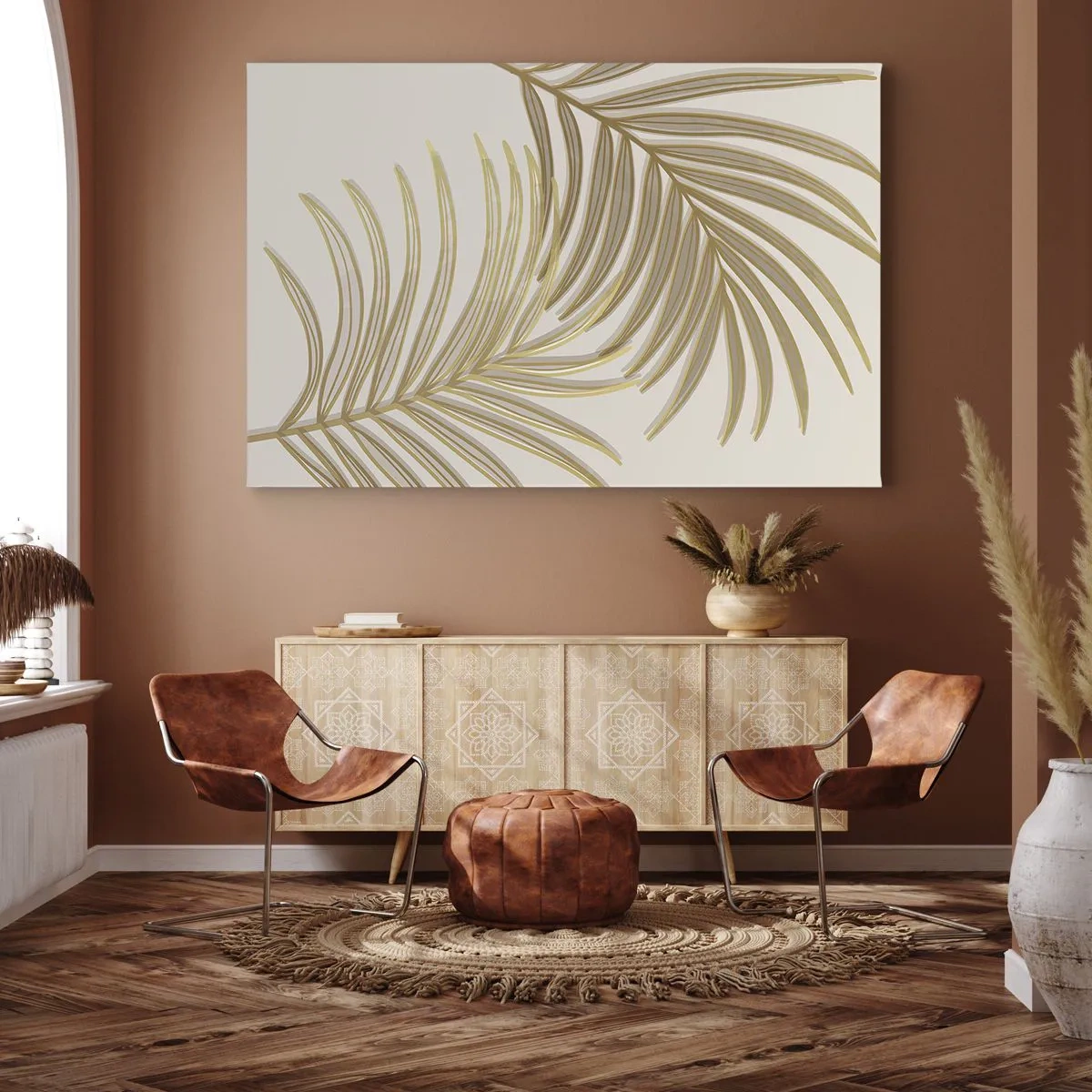 Lærredstryk - Billede på lærred - Gyldne palmeblade på en lys baggrund i minimalistisk stil - 70x50cm - Gylden palme! - Moderne vægdekoration til stue og soveværelse ARTTOR