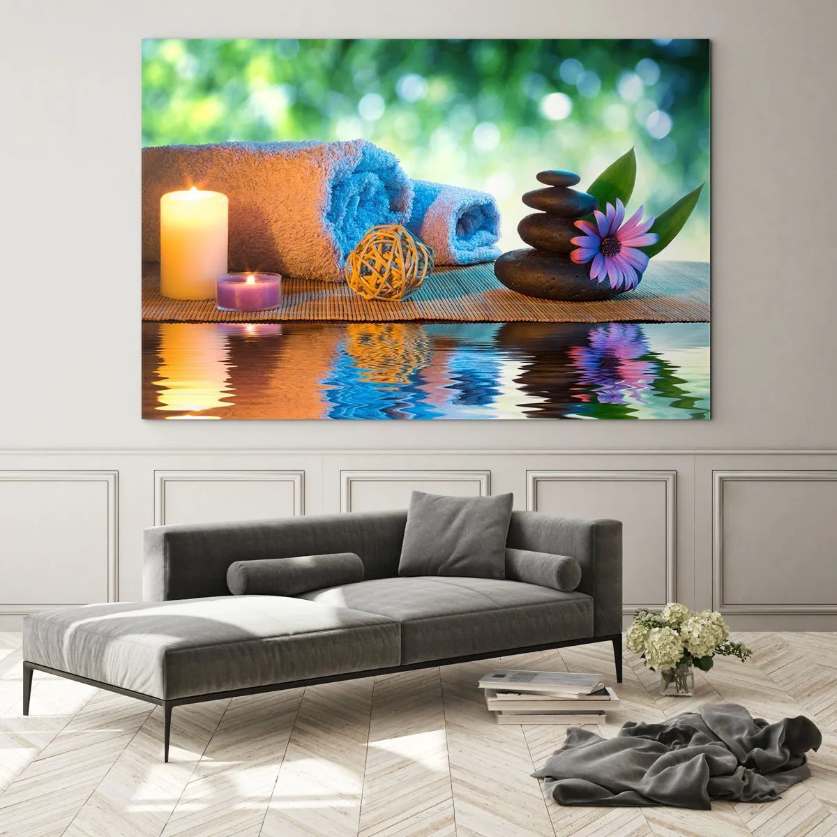 Billede på glas - Spa med håndklæder, stearinlys og sten mod en naturlig baggrund - 70x50cm - Tid til kroppen - Moderne vægdekoration til stue og soveværelse ARTTOR