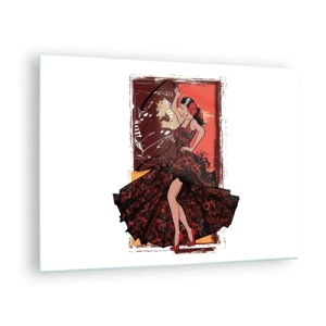 Billede på glas - Flamencodanser i en elegant rød og sort kjole - 70x50cm - I hjertets rytme - Moderne vægdekoration til stue og soveværelse ARTTOR