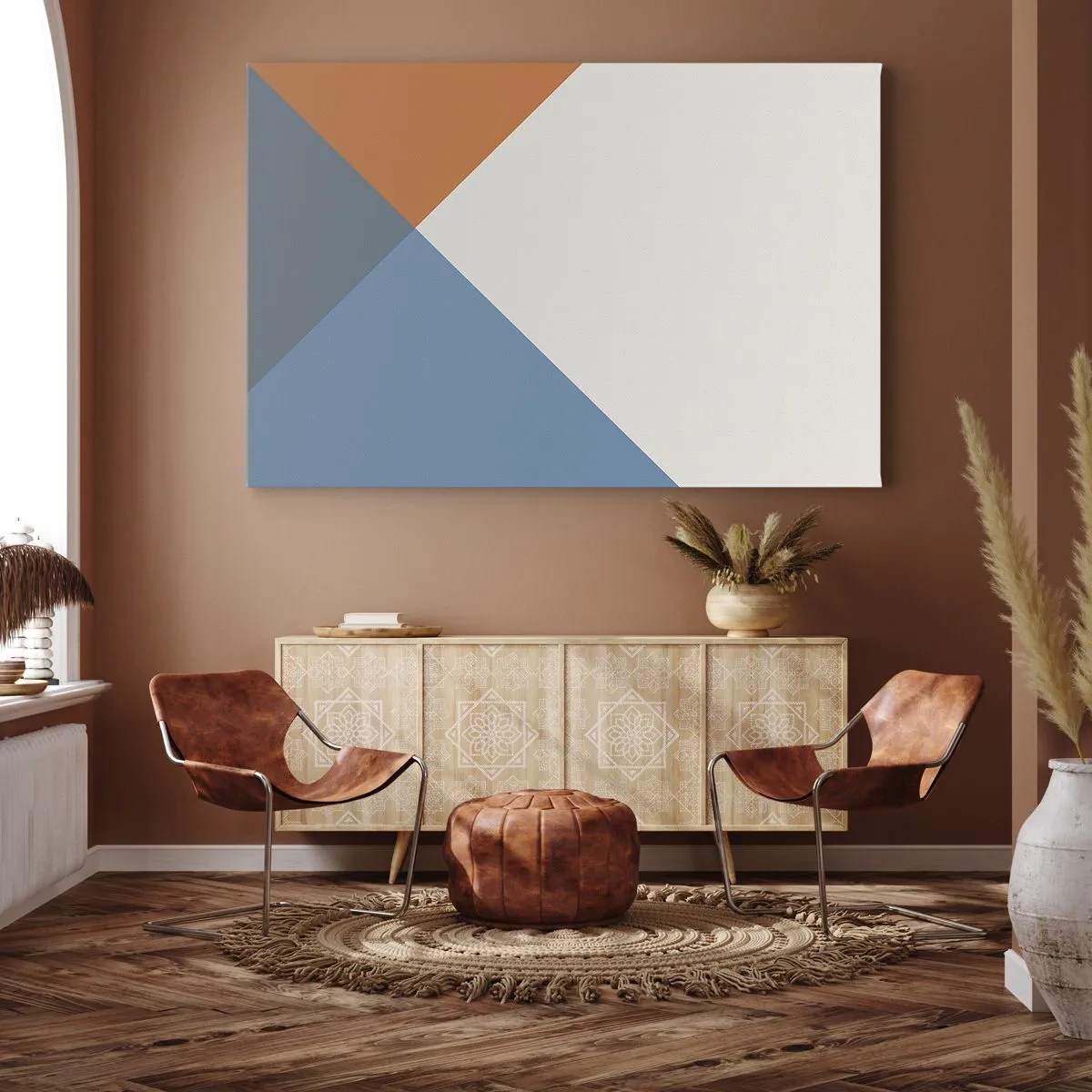 Lærredstryk - Billede på lærred - Geometriske trekanter i nuancer af blå og orange - 70x50cm - Med hensyn til ... - Moderne vægdekoration til stue og soveværelse ARTTOR
