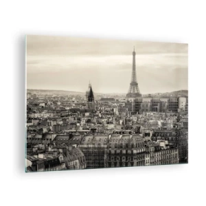 Billede på glas - Et panorama af Paris med udsigt over Eiffeltårnet i sepia-toner - 70x50cm - Over Paris' hustage - Moderne vægdekoration til stue og soveværelse ARTTOR