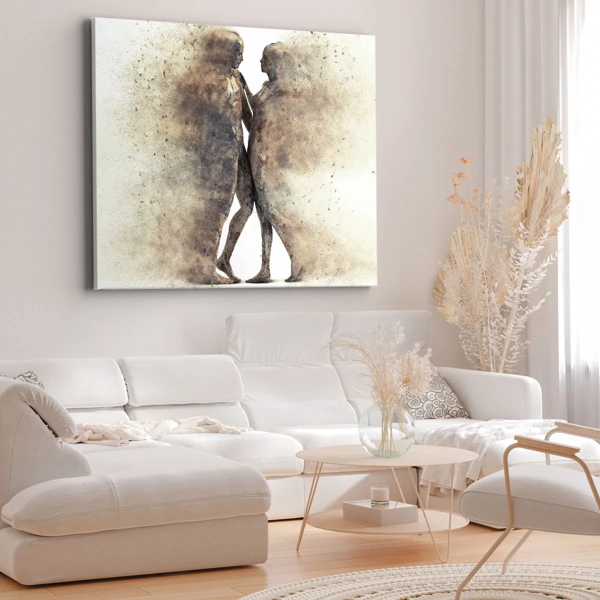 Lærredstryk - Billede på lærred - En abstrakt duo af silhuetter i sandfarvede nuancer - 70x50cm - Fra støv steg de til kærlighed - Moderne vægdekoration til stue og soveværelse ARTTOR