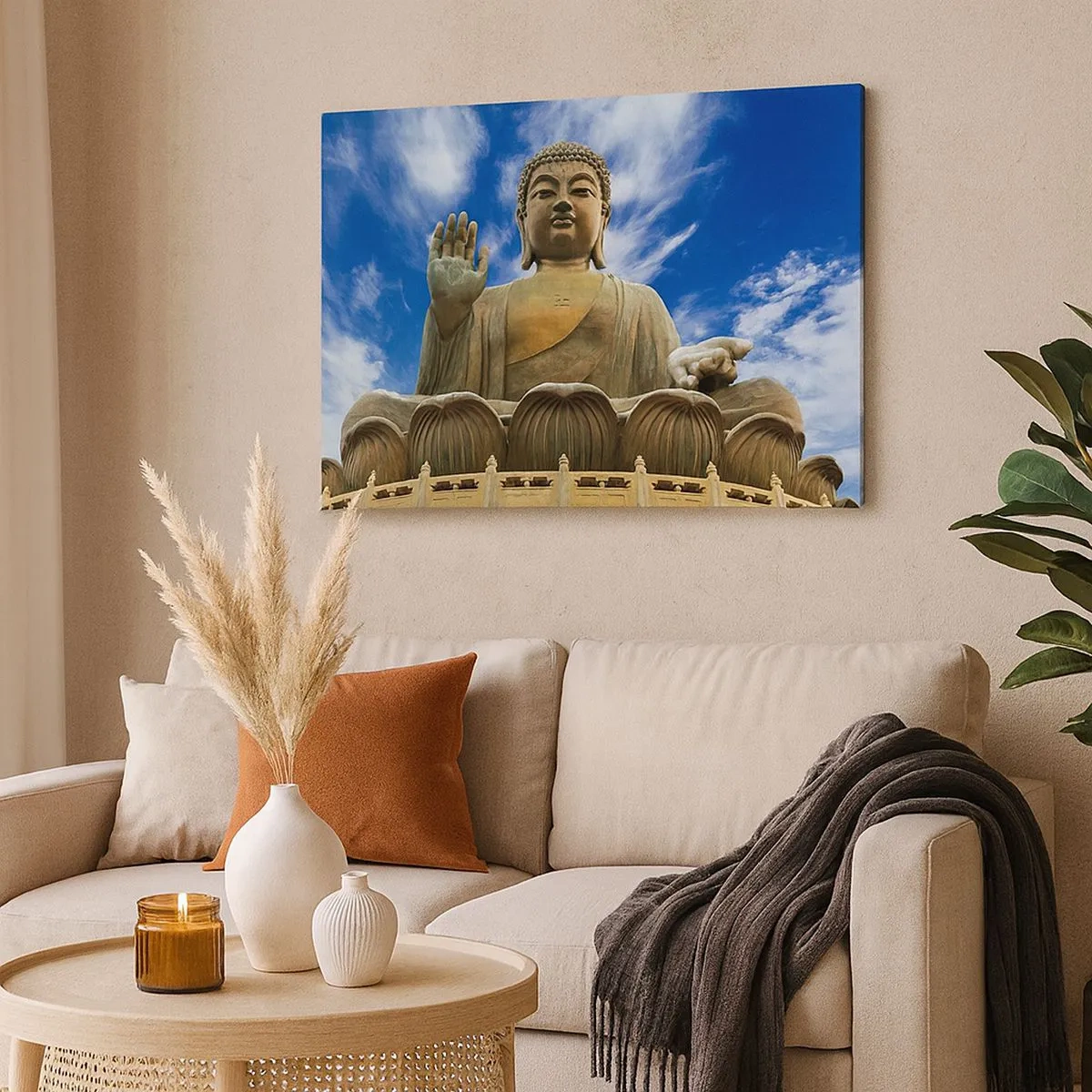 Lærredstryk - Billede på lærred - En monumental Buddha-statue mod en blå himmel med skyer - 70x50cm - Lev uden frygt - Moderne vægdekoration til stue og soveværelse ARTTOR