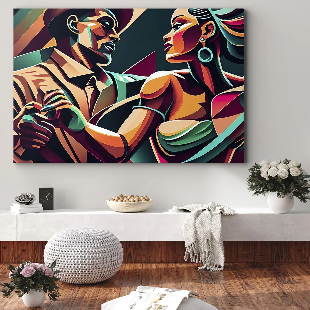 Lærredstryk - Billede på lærred - Et stiliseret par, der danser i livlige, geometriske farver. - 70x50cm - I hjertets rytme - Moderne vægdekoration til stue og soveværelse ARTTOR